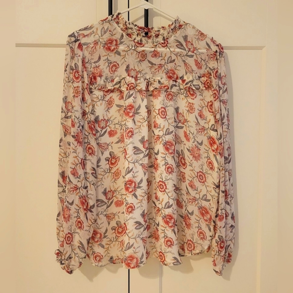 White Loft blouse with red and green floral print